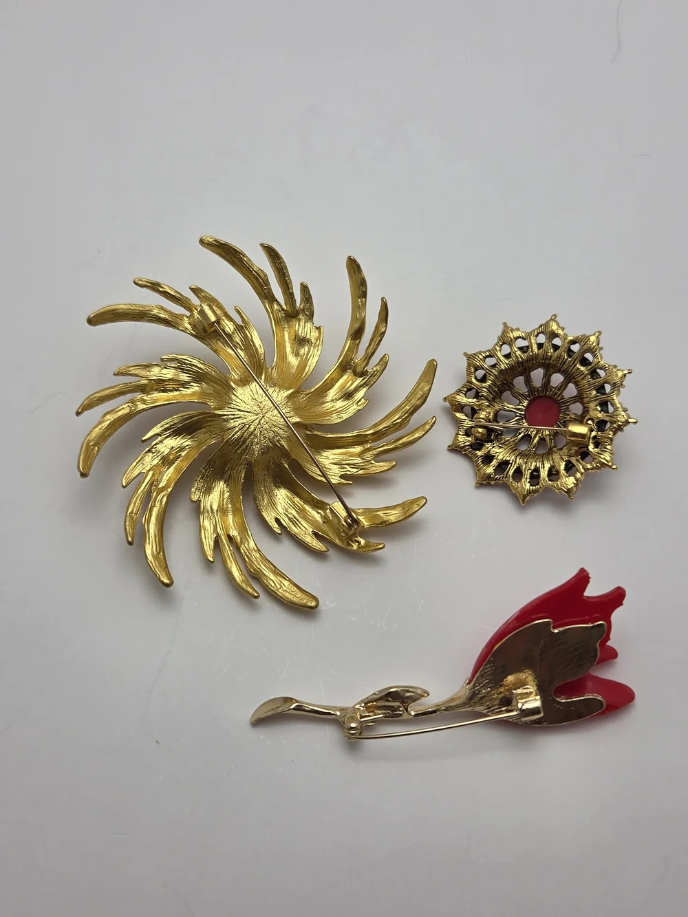 Gold and Red Floral Brooch Trio - Classic Gold & Red Accents